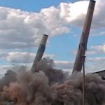 explosive demolition of Celotex smokestacks & building