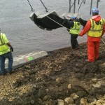 guiding above-water reventment mats into position